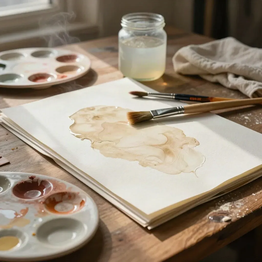 Sessione di pittura guidata con fogli ad acquerello, pennelli e barattolo d’acqua lattiginosa.
