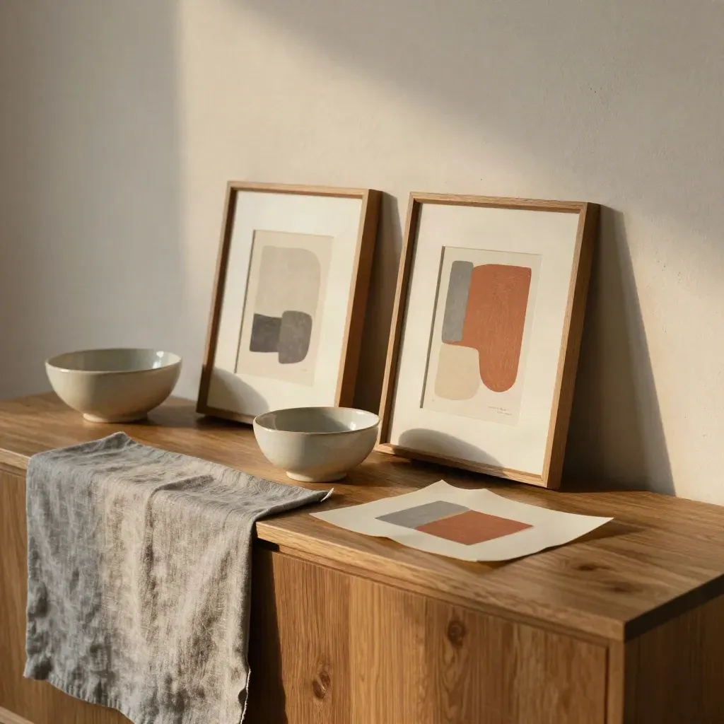 Credenza domestica con due piccoli quadri astratti, ciotole e carte sovrapposte in luce calda.
