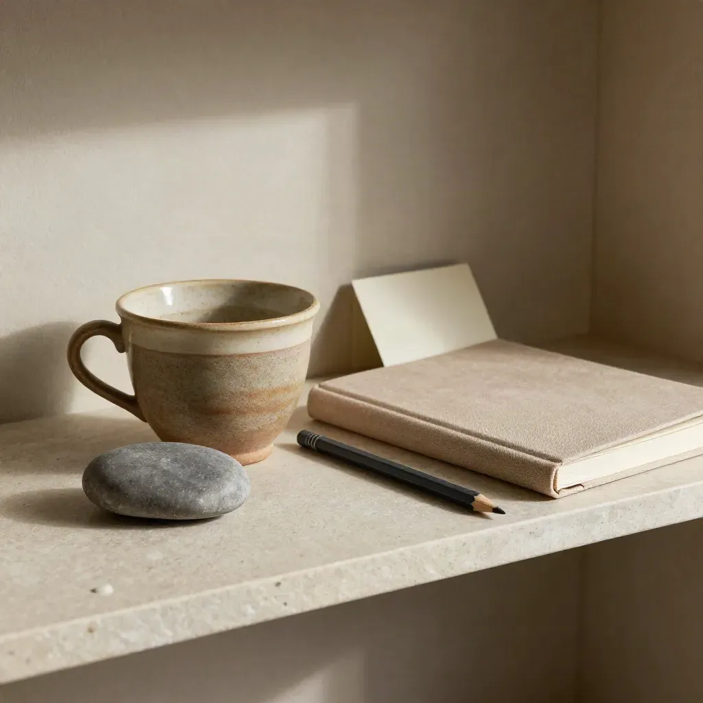 Tazza d’argilla, pietra liscia, quaderno chiuso e matita su ripiano di pietra, luce morbida.