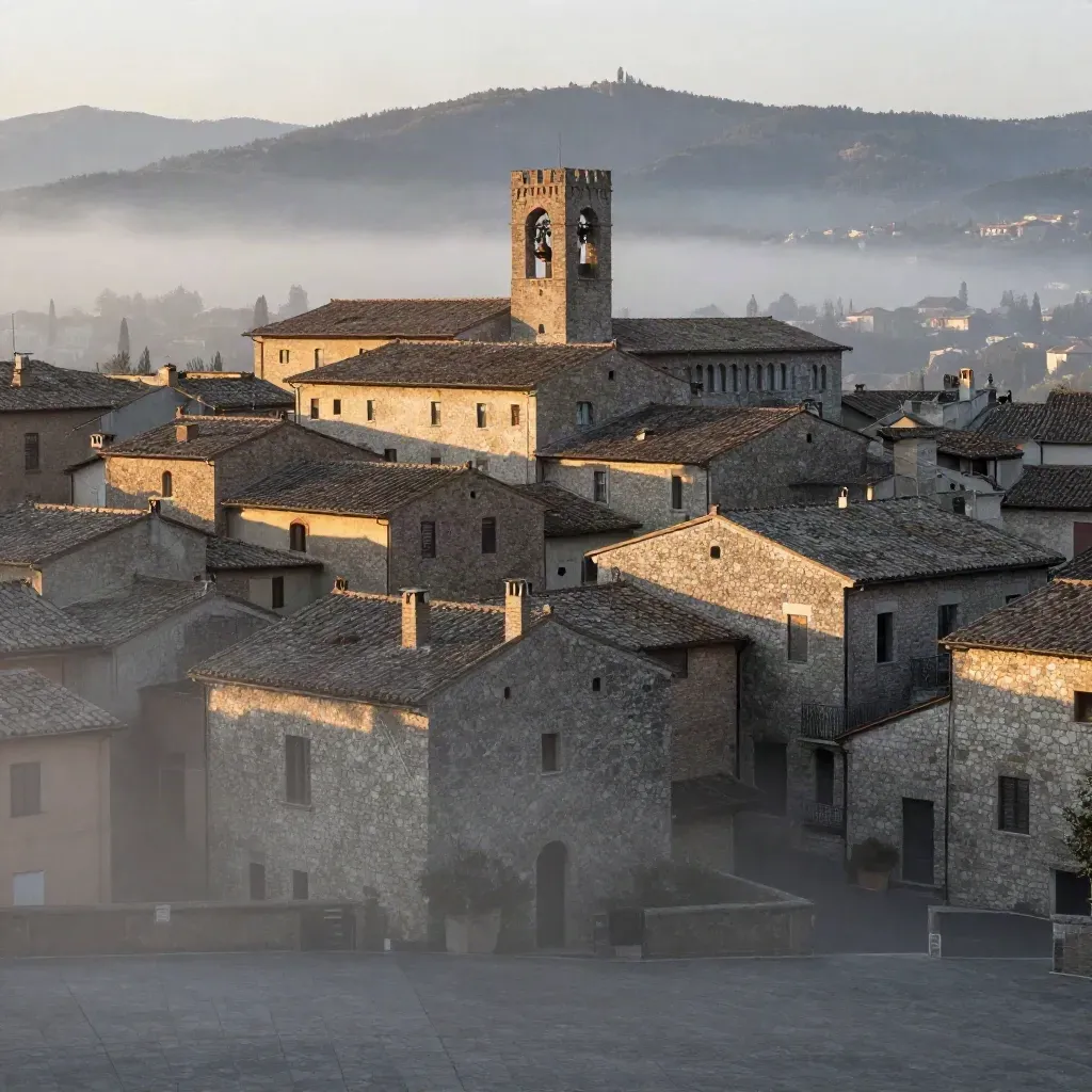 Tetti in pietra di Pistoia e colline appenniniche nella nebbia dorata, spazio calmo per il testo.