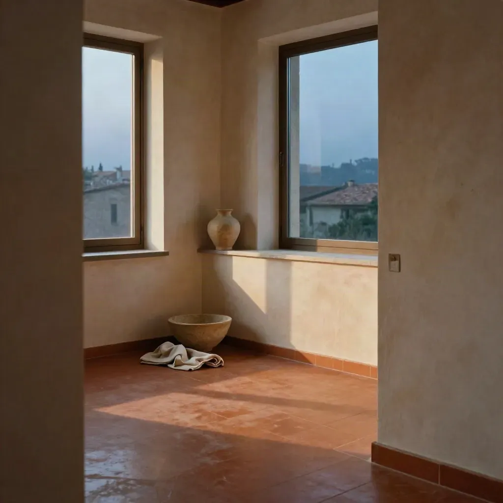 Studio domestico italiano con finestra alta, pavimento in cotto e cielo al crepuscolo.